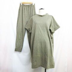 bi:-eks ビーエクス セットアップ リネン混 半袖 チュニック パンツ ウエストゴム プルオーバー クロップドパンツ ストライプ スリット 茶系 38 レディース D190L
