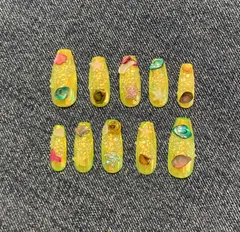 ネイルチップ　ハンドメイド　一点物　ロングバレリーナ　イエロー　オーロラ　バブル　カラフルシェル　派手　個性的　海外ネイル好き