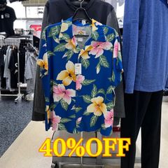 残り1点‼️本場のアロハシャツ●pineapple juiceパイナップルジュース半袖シャツ　メイドインハワイmadeinHawaii ハイビスカス　ブルー　S