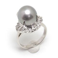 ブラックパールリング 約9号 PT900・真珠10.4mm・ダイヤ0.38ct