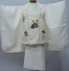 七五三 三歳 男児 被布着物セット 疋田鹿の子柄 被布に刺繍入り アイボリー 祝着 男の子 三才 ３歳 ３才 NO39786