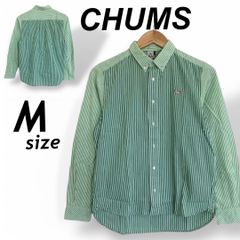 CHUMS チャムス レディース 長袖シャツ M 綿 ボタンダウン ストライプ バイカラー グリーン系 (B7h47)★
