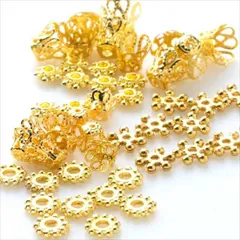 V-047 ビーズキャップ&スペーサー 5種セット【ゴールド】メタルビーズ 座金 6mm 8.5mm 花座 基礎パーツ ピアス イヤリング ブレスレット ネックレス ハンドメイドアクセサリーパーツ