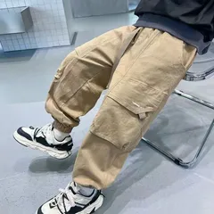 クーポンで10%OFF★　キッズ パンツ ポケット カーゴパンツ 男の子 春秋 ロングパンツ 長ズボン ゆったり 子供服 子ども服 こども服 キッズウェア ウエストゴム カジュアル 無地 ジュニア 薄手 KTFC061(2色110-170)