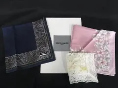 ■極美品■pierre cardin ピエールカルダン コットン100％×ナイロン×レーヨン 花柄 レース スカーフ ハンカチーフ 3点セット DE5998