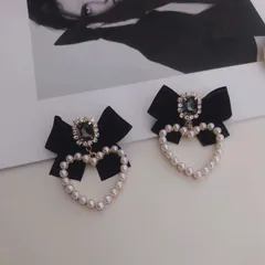 ヴィンテージ　ビッグ　リボン　ロリタ　ミニパール　ハート　ピアス　ブラック