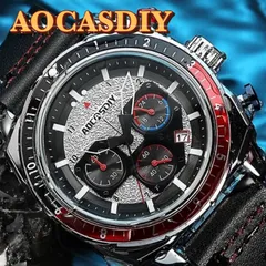 新品 AOCASDIY オマージュクロノグラフ ウォッチ レザーストラップ メンズ腕時計  ブラック&シルバー&レッド