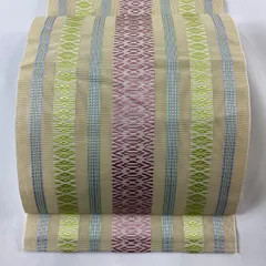 名古屋帯 美品 逸品 証紙 夏帯 博多織 縞 幾何学 ベージュ 正絹 【中古】