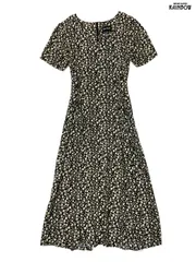 古着 Jamie Brooke 編み上げリボン 花柄 ロング丈 半袖 ワンピース 黒 (otu2507023)