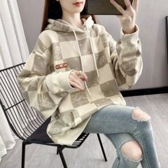 韓国 レディース ペイズリー パーカー オーバーサイズ 冬 長袖 ベージュ 人気