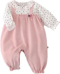 ベビー服 長袖 ロンパース春 秋 女の子 サロペット風 子供服 カバーオール 赤ちゃん襟付き ゴム入れ ピンクR106