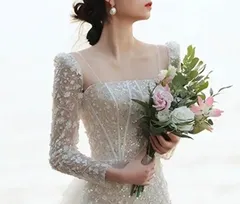 お花ビジューレース ウェディングドレス ロング 長袖 マーメイド【1015】