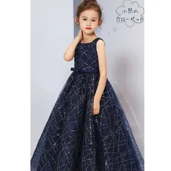 小熊のクローゼット　キッズ、ジュニアドレス　中学生、高校生　ブルー　紺色　菱形　スパンコール　チュールドレス　[130-160サイズ]