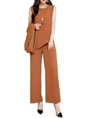 M_キャラメル [フェイミー] セットアップ レディース 3点セット 春 オールインワン パンツドレス パーティードレス 卒業式 入学式 入園式 卒園式 着痩せ オールシーズン パンツスーツ スーツセットアップ 春夏秋服 ズボン シンプル ゆったり 体型カバー