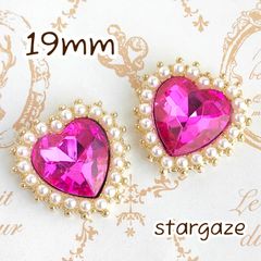 【 3個 】 19mm ハート パール付き センターパーツ ストーン ビジュー カボション ピンク×ゴールドフレーム