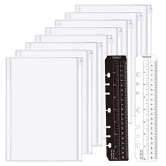 【新着商品】2枚付き しおり定規 セット 6穴システム手帳用 A5クリアポケット8枚 LOORIPRO ファスナーポケット システム手帳リフィル