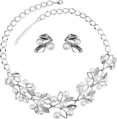 Miaomyao ミャオミャオ ネックレス ピアス セット ホワイト パール ビジュー リーフ フラワー 花 アクセサリー レディース プレゼント(シルバー,  大きめ)