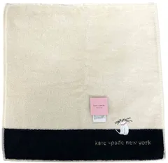 未使用 ケイトスペード ハンドタオル ハンカチ 刺繍　猫　ネコ　キャット　アイボリー　ブラック　　kate spade ミニタオル
