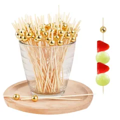 【在庫セール】オードブルピン 果物 ピンチョス ゴールドビーズ 使い捨て ピック フルーツピック ケーキトッパー カクテルピン カクテル 爪楊枝 飾り 竹 自宅用 おしゃれ 業務用 約190本入り (ゴールドビーズ) カクテルピック