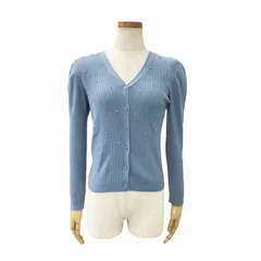 ミッシュマッシュ MISCH MASCH 美品 23AW ビジュー散りばめ刺しゅうVネックカーディガン ニット リブ 長袖 MM338403 F 青 ブルー 0515