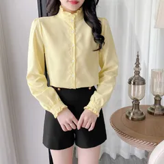 ブラウス フリルシャツ レディース シャツ トップス 長袖 春秋 フリル 無地 ボタン 立ち襟 フリルネック 二の腕カバー ゆったり シンプル きれいめ フォーマル 白 zhenmeix01