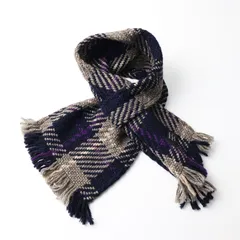 美品 ジョンブラニガン John Branigan チェックフラップショートマフラー /ネイビー フリンジ ストール ショール【2400014343984】