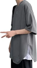 emptio エンプティオ 半袖 シャツ ビッグシルエット オーバーサイズ 丈長 メンズ アウトドア ロングスリーブ 襟なし ストリート系 丸首(ソフトグレー,  2XL)