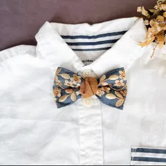 【匿名配送】キッズ蝶ネクタイ　ブルー系生地インド刺繍リボン　七五三　結婚式　発表会　卒園式　入学式　ハンドメイド