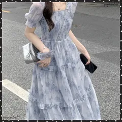 ティアードロングワンピースレディース夏服 大人可愛いシャーリングワンピース 着やせ 花柄シフォンワンピース 体型カバー スクエアネック 半袖リゾートワンピース旅行 夏ワンピース細見え フレアワンピ韓国風 パフスリーブワンピ