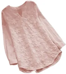 [エンプティオ] 花柄 ブラウス 長袖 レディース シフォン チュニック 襟なし エレガント レース ゴシック トップス ユッタリ スキッパー シフォンブラウス カジュアル フンワリ セレモニー 薄手 韓国風 開襟 キレイめ 着痩 [サーモンピンク] [XL]