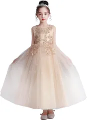 nightbaby ドレス 子供 ピアノ 発表会 女の子 フォーマル 刺繍 かわいいロングドレス キッズ 演奏会 結婚式 パーディー コンクール プレゼント 七五三 お誕生日 記念写真 子供服(シャンパン,  130 Regular)
