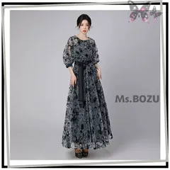 【新品】ドレス ワンピース イブニングドレス 結婚式 演奏会 お呼ばれ 発表会 舞台衣装 パーティードレス  ぽあん袖 エレガント 高級感  グレー  レース シフォン 花柄 黒  L