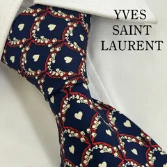 《美品》YVES SAINT LAURENT (イヴサンローラン) シルクネクタイ 総柄 鈴蘭 ハート 紺 白 赤