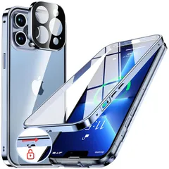 NIANGUO【ロック機能付き・自動ポップアップボタン】 iPhone13 Pro Max 用 ケース クリア 【両面強化ガラス】 9H硬度 【一体型レンズ保護】 アイフォン13プロマックス カバー アルミバンパーケース メタルフレーム 耐衝撃 傷防止 高 0