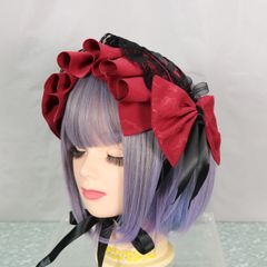 ヘッドドレス　ボンネット【真紅×編上】ロリータ　ゴスロリ
