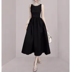 パーティードレス 結婚式 30代 20代 ミモレ丈 ノースリーブ  韓国風 サイズ フォーマルドレス ブラック ワンピース シンプル パール ビジュー お呼ばれ 二次会 披露宴 謝恩会 上品 0895