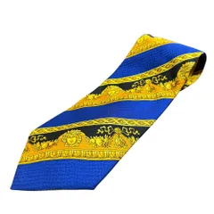 美品 GIANNI VERSACE ジャンニヴェルサーチ メデューサ柄 レジメンタルストライプ ネクタイ ワイドタイ ブルー イエロー メンズ 古着 中古 USED