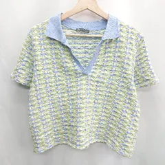 ◇ ⊂ ZARA ザラ 総柄 襟付き 半袖 ニット サイズM ライトブルー グリーン系 レディース E  【1502030023336】