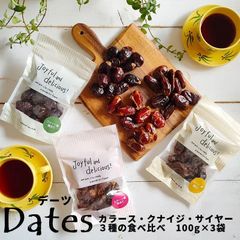高い栄養価と素敵な甘さ デーツ なつめやし ３種類食べ比べセット 100g×３袋 カラース種 クナイジ種 サイヤー種 UAE産 イラン産 無添加 砂糖不使用 自然のまんまのナツメヤシ