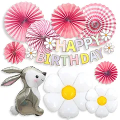 ガーランド 室内装飾 ペーパーファン 子ども 記念日 ナチュラル風 デコレーション お祝い 花 デイジーフラワー ウサギ セット 動物風船 パーティー バルーン バースデー (ピンク) 飾り付け 誕生日 Partylife CHASE
