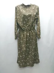 ◇ Θ IEDIT イディット 花柄 長袖 ロング ワンピース サイズM カーキ系 レディース E  【1501230002134】