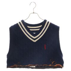 doublet (ダブレット) 22AW 22AW47KN90 BURNIG EMBROIDERY KNIT VEST ダメージ加工 ショート丈ニットベスト ネイビー ロゴ刺繍