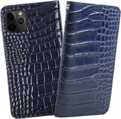 ReZuell クロコダイル x 牛革 Pro Max apple . 手帳型 レザー ケース iphone 11proMax( ブルー,  iphone11pro MAX)