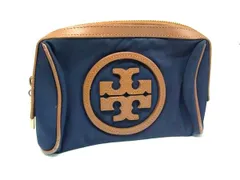 TORY BURCH トリーバーチ ナイロン×レザー ポーチ メイクポーチ 化粧ポーチ マルチケース  ネイビー系×ブラウン系 DJ6661