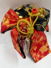 ≪花ラブリ≫　　TO715 リユース　作り帯　七五三　女の子　女児　Sサイズ　およそ３歳用　刺繍　刺しゅう　扇　市松　赤　レッド　黒　ブラック　金　ゴールド　和装　和服　和柄　和風