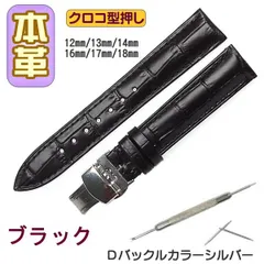 時計ベルト 本革 クロコ型押しＤバックル ブラック/シルバー バネ棒交換工具付