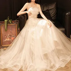 カラードレス ロングドレス パーティードレス シャンパン 肩ひも シフォン ウェディングドレス ウエディングドレス 結婚式 二次会 花嫁 前撮り 演奏会 発表会 1073