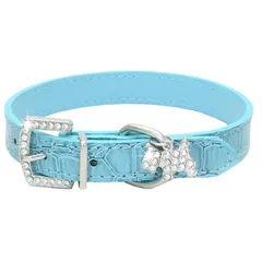 HTharros 犬首輪 犬の首輪 犬用訓練首輪 小型 中型 ペット用品 合皮 キラキラ 弾力性 ソフト レザー ラインストーン 調整可能 ライトブルー S [ライトブルー] [Sサイズ]