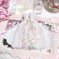 リバティ　テイタム　26IV ホビーラホビーレ　ドットミニヨン　ピンクラベンダー　巾着　ポーチ　アイボリー　イエロー　レース　リボン　大人可愛い　プレゼント　クリスマス　ホワイトデー　薔薇