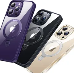 【4in1超万能モデル】CASEKOO iPhone14Pro 用 ケース クリア 米軍MIL規格 耐衝撃 隠しスタンド 横縦両立 MagSafe対応 黄変防止 透明 ストラップホール付き ワイヤレス充電対応（クリアディープパープル）